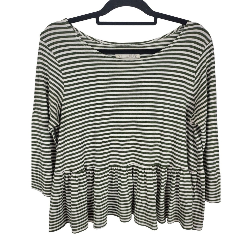 We The Free Green Striped Top M Womens Long Sleeve Crew Lagen Look Classic